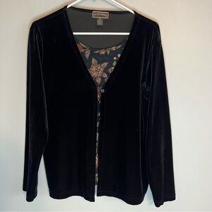 Vintage Black Velvet Floral Lined One Button Pullover Blouse Sz M Mature Flowy
